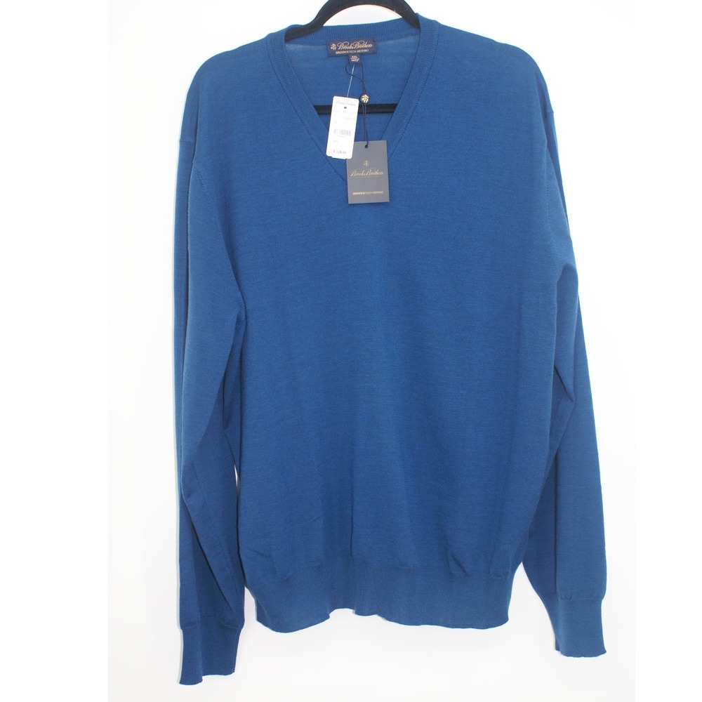 Brooks Brothers BrooksTech Merino‎ V-Neck Sweater XXL Blue Washable Wool Italy